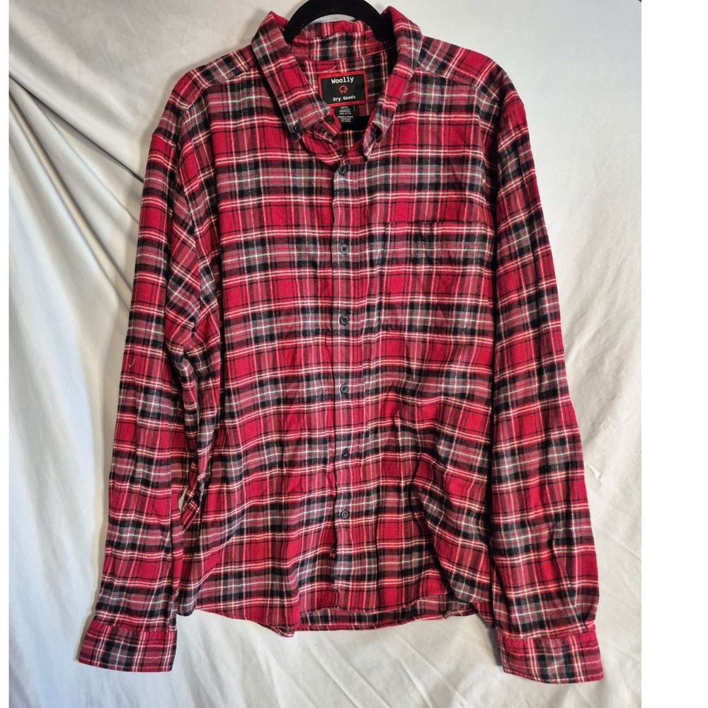 Woolly Plaid Flannel Shirt Mens 2XL Red Gray Long Sleeve Modern